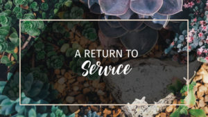 Text: A Return to Service Background: Overhead photo of cactus garden with black overlay and text on overlay