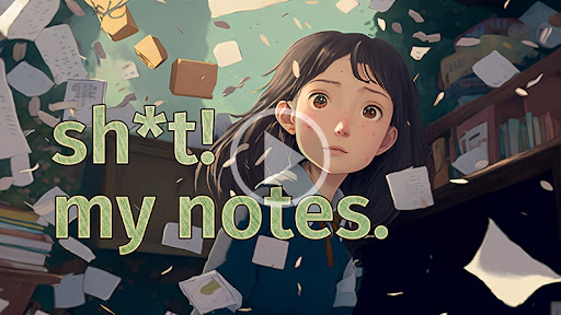 Video thumbnail showing a startled young lady surrounded by flying pieces of paper, caption text reading "sh*t! my notes."