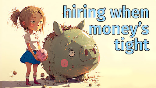video thumbnail for "hiring when money's tight" showing a cartoon drawing of a young girl in pigtails, a white half-sleeved shirt, a blue skirt, and red shoes frowning and holding a piggy bank while standing next to a very large pig.