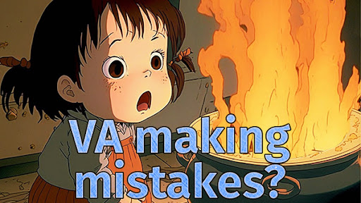 Animated character looking at a pot that is on fire. Caption is VA making mistakes?