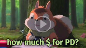 Animated squirrel writing notes in a book. Caption reads 'How much $ for PD"?