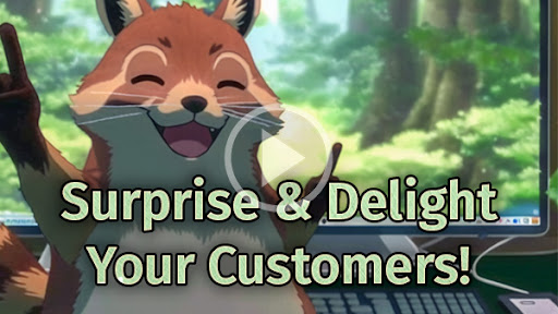 Animated character sitting in front of a computer screen smiling widely. The caption reads 'Surprise and Delight your Customers!' 4 Do's and 1 Don't for Amazing Customer Service!
